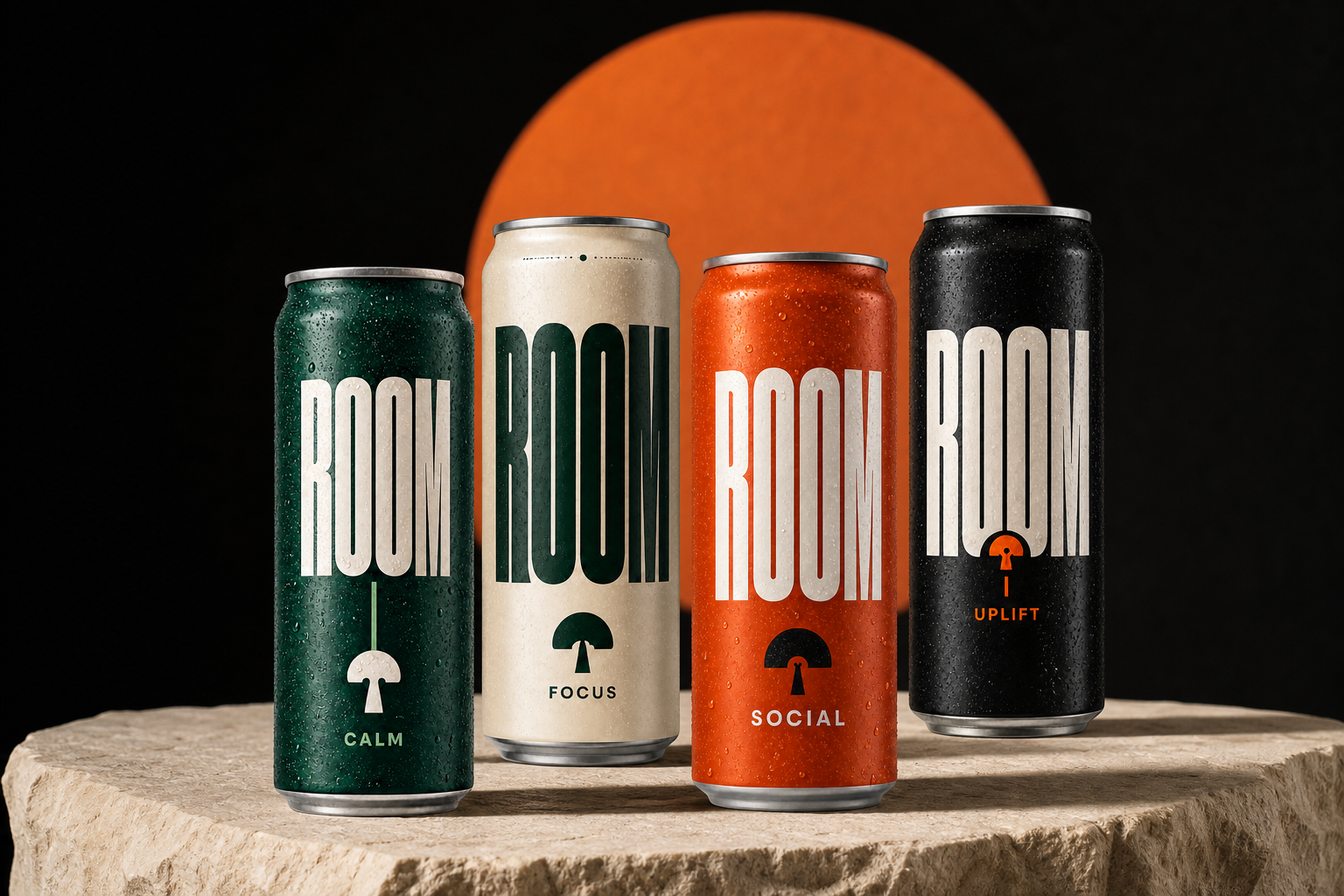 ROOM Calm, Focus, Social and Uplift functional beverage cans