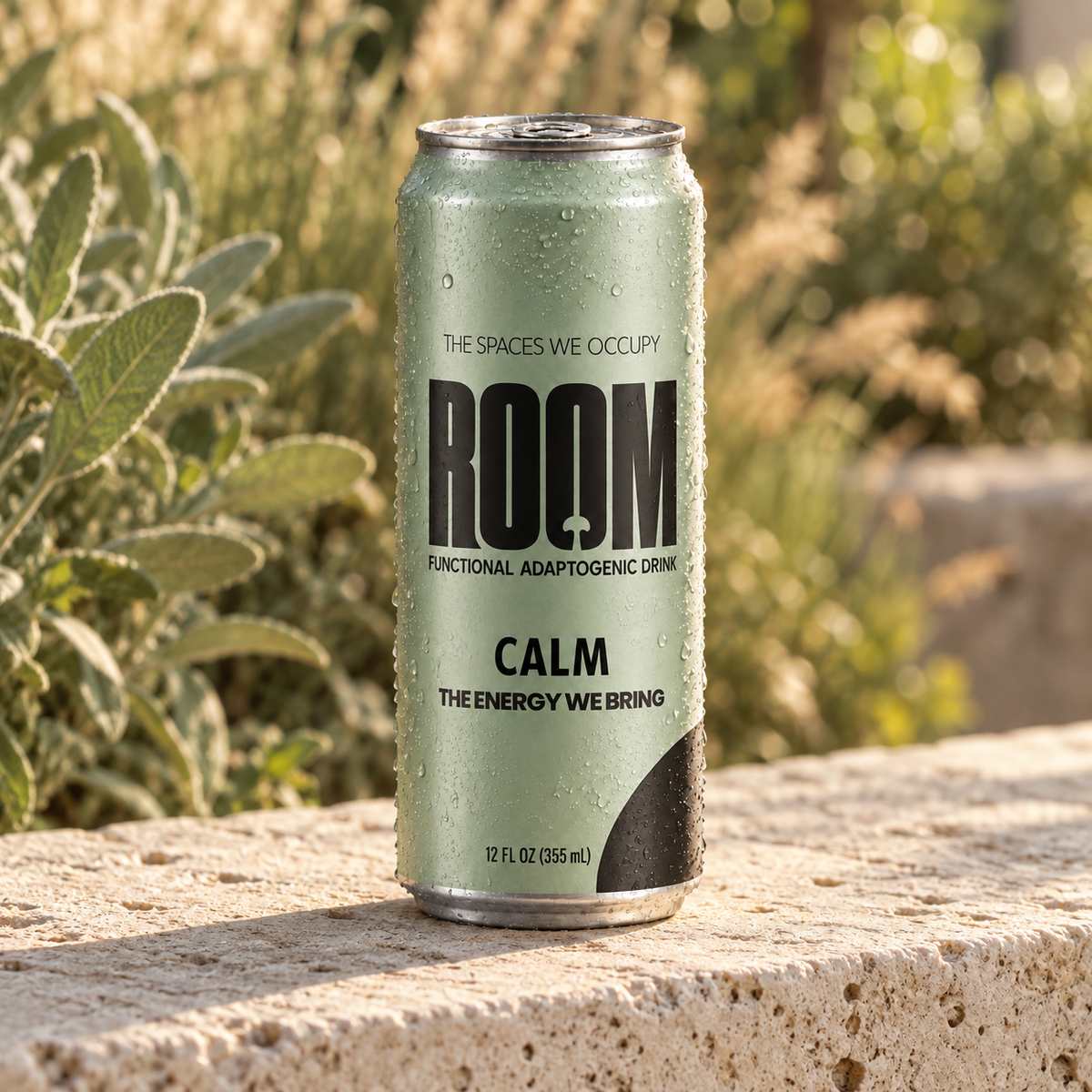 A 12 fl oz can of ROOM Calm functional adaptogenic drink, standing on a stone ledge with a blurred garden background.