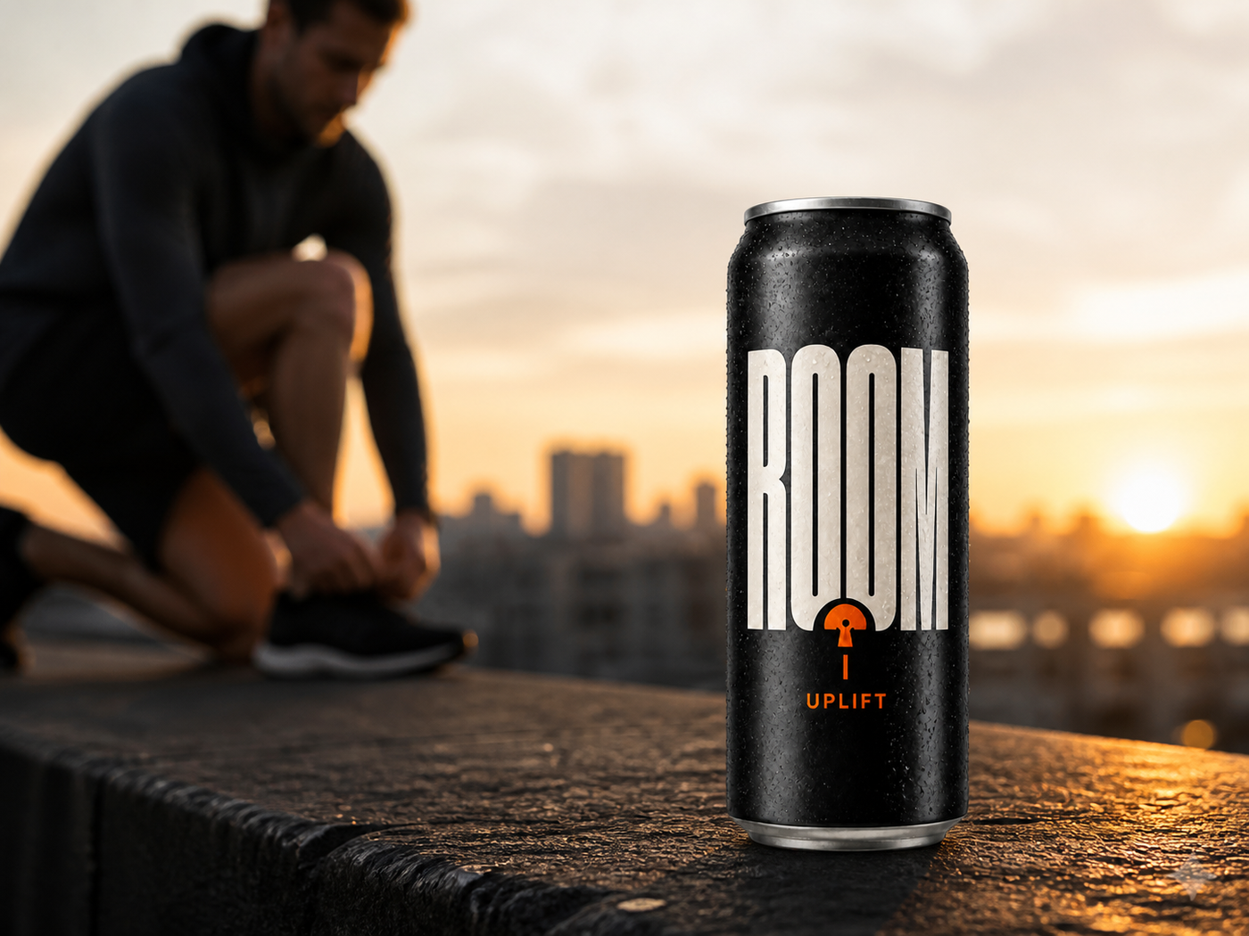 ROOM Uplift can in the foreground while a runner ties a shoe at sunrise